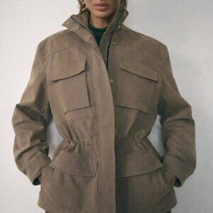 Mango Turtleneck Utility Barn Jacket Taupe Brown Cotton Blend Oversized